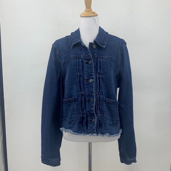 Shyanne Jacket Womens L Large Denim Button Front Pockets Collar Cropped Fray Hem - Picture 2 of 11